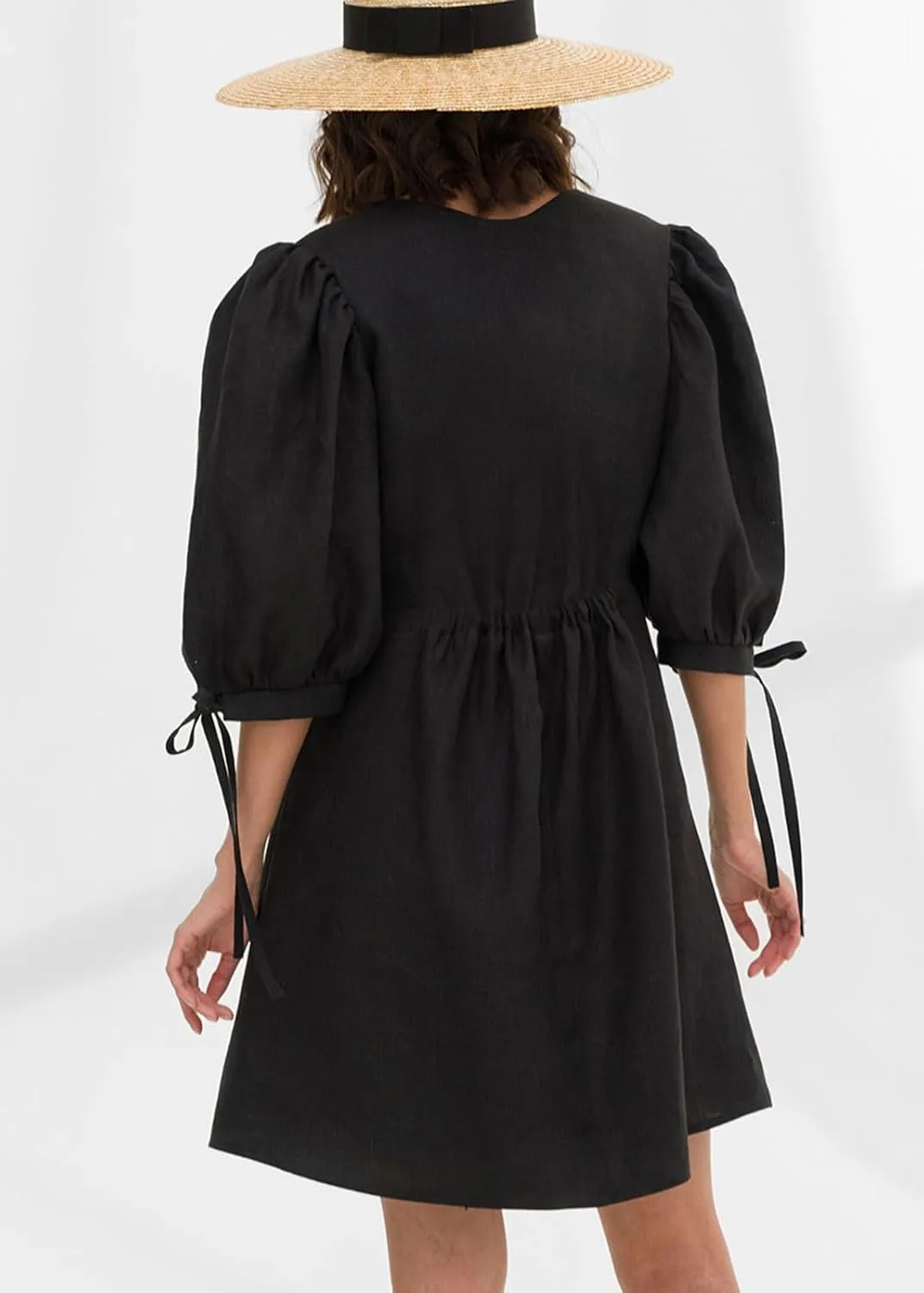 CHARTOU Women Puff Sleeve Short Dress Cotton Linen V Neck A Line Elastic High Waist Lace Up Vacation Dress