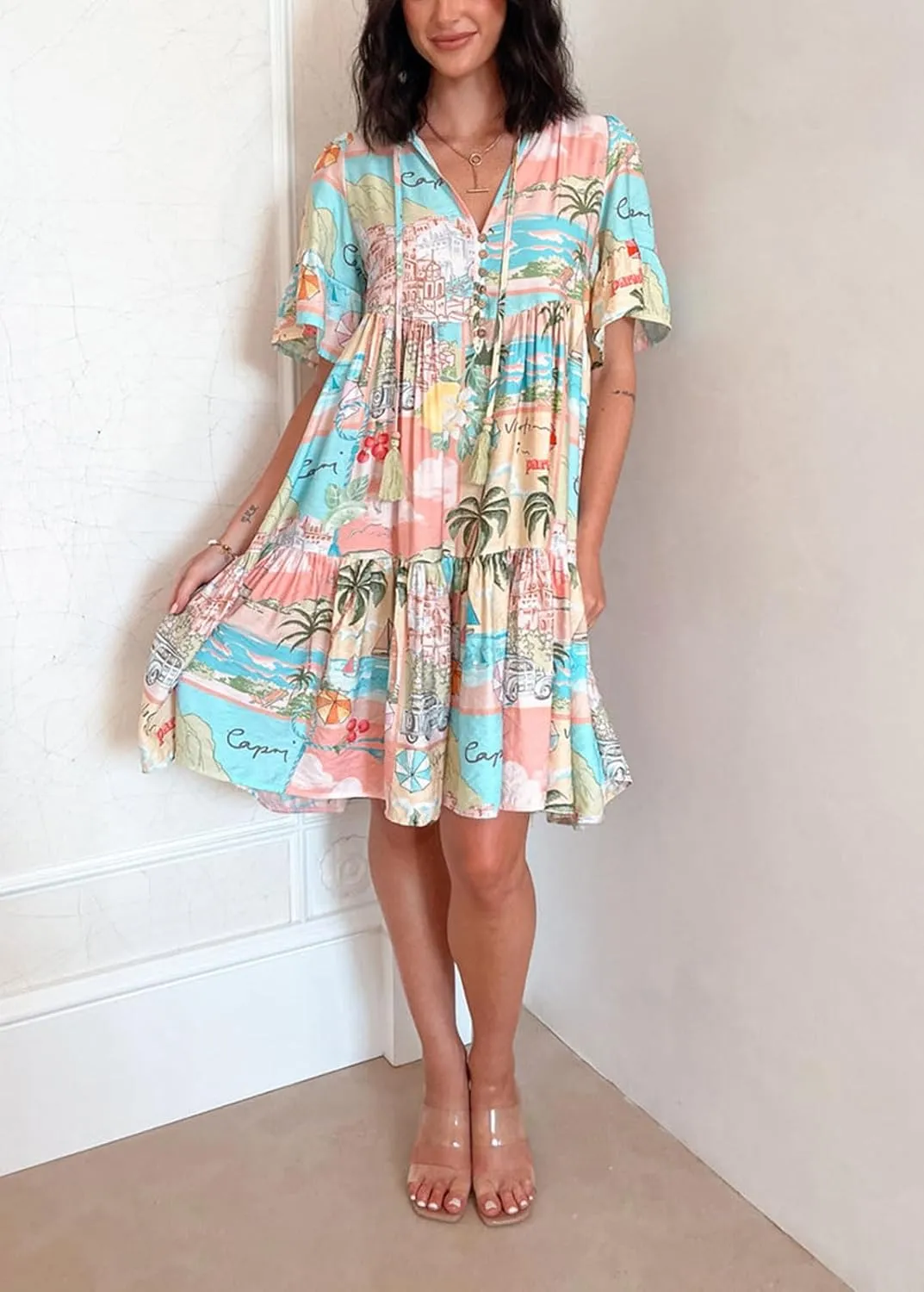 CHARTOU Women Puff Sleeve Short Dress Cotton Linen V Neck A Line Elastic High Waist Lace Up Vacation Dress