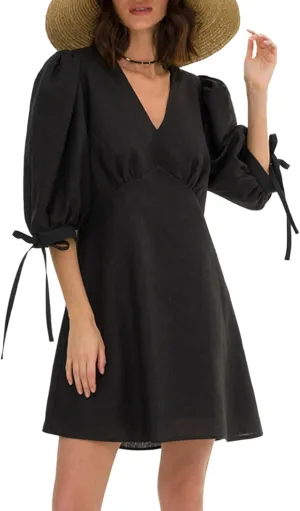 CHARTOU Women Puff Sleeve Short Dress Cotton Linen V Neck A Line Elastic High Waist Lace Up Vacation Dress