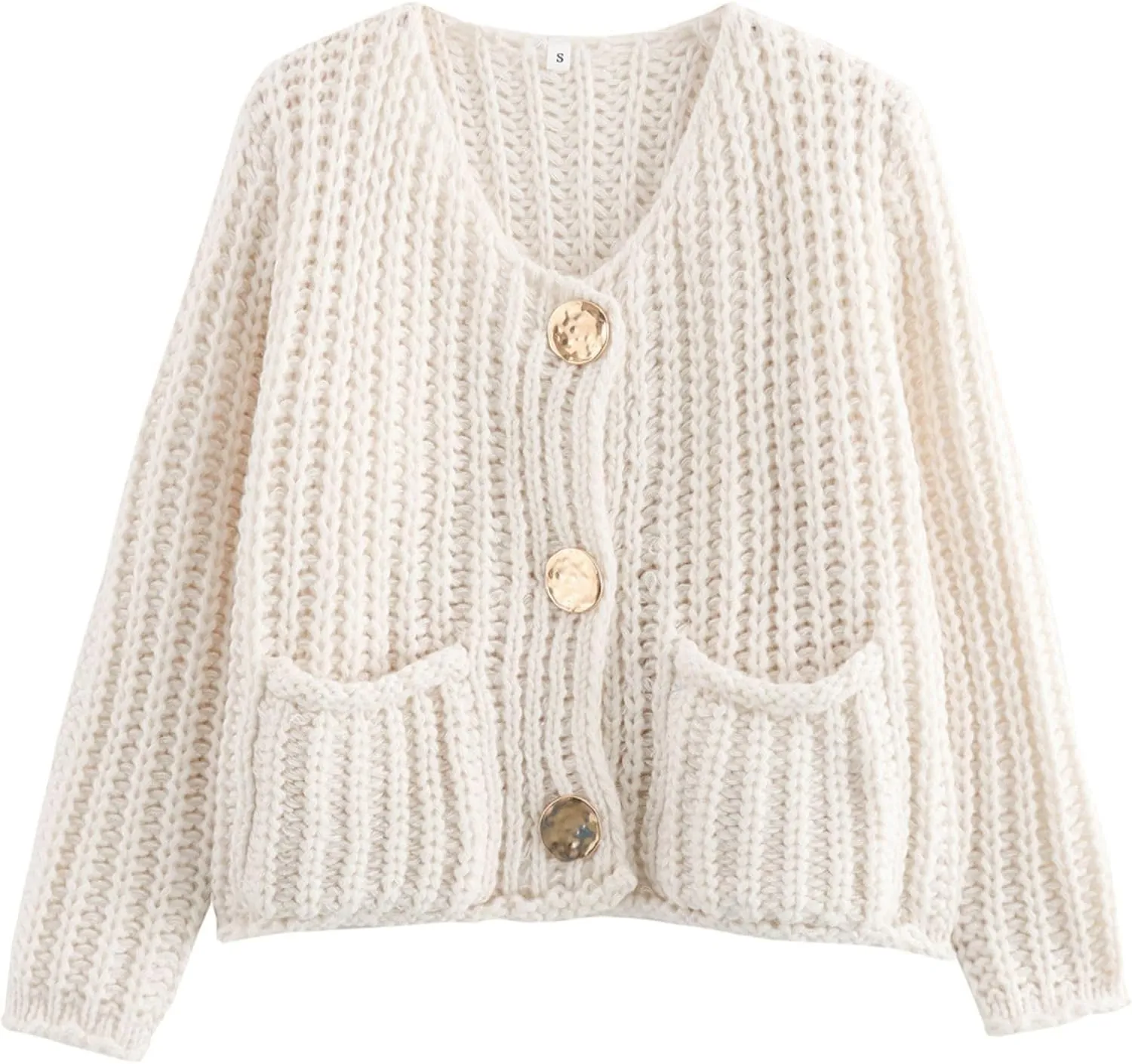 Chevara Women’s Cropped Knit Cardigan Long Sleeve Crewneck Button Down Fall Sweater with Pockets