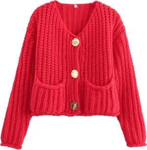 Chevara Women’s Cropped Knit Cardigan Long Sleeve Crewneck Button Down Fall Sweater with Pockets