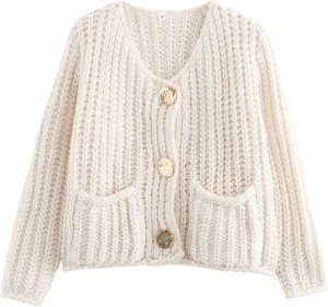 Chevara Women’s Cropped Knit Cardigan Long Sleeve Crewneck Button Down Fall Sweater with Pockets