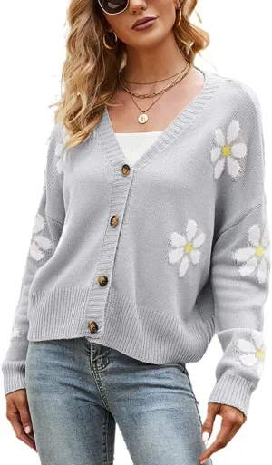 chouyatou Women's Fall Cute Daisy Button Jacquard Knit Cardigan Sweater Jacket