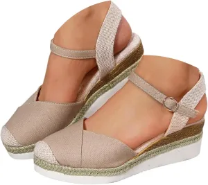 Closed Toe Sandals Women 2025 Platform Wedge Heel Casual Sandal Women's Espadrilles Dressy Sandals Comfortable Anti Slip Summer Shoes with Buckle Ankle Strap
