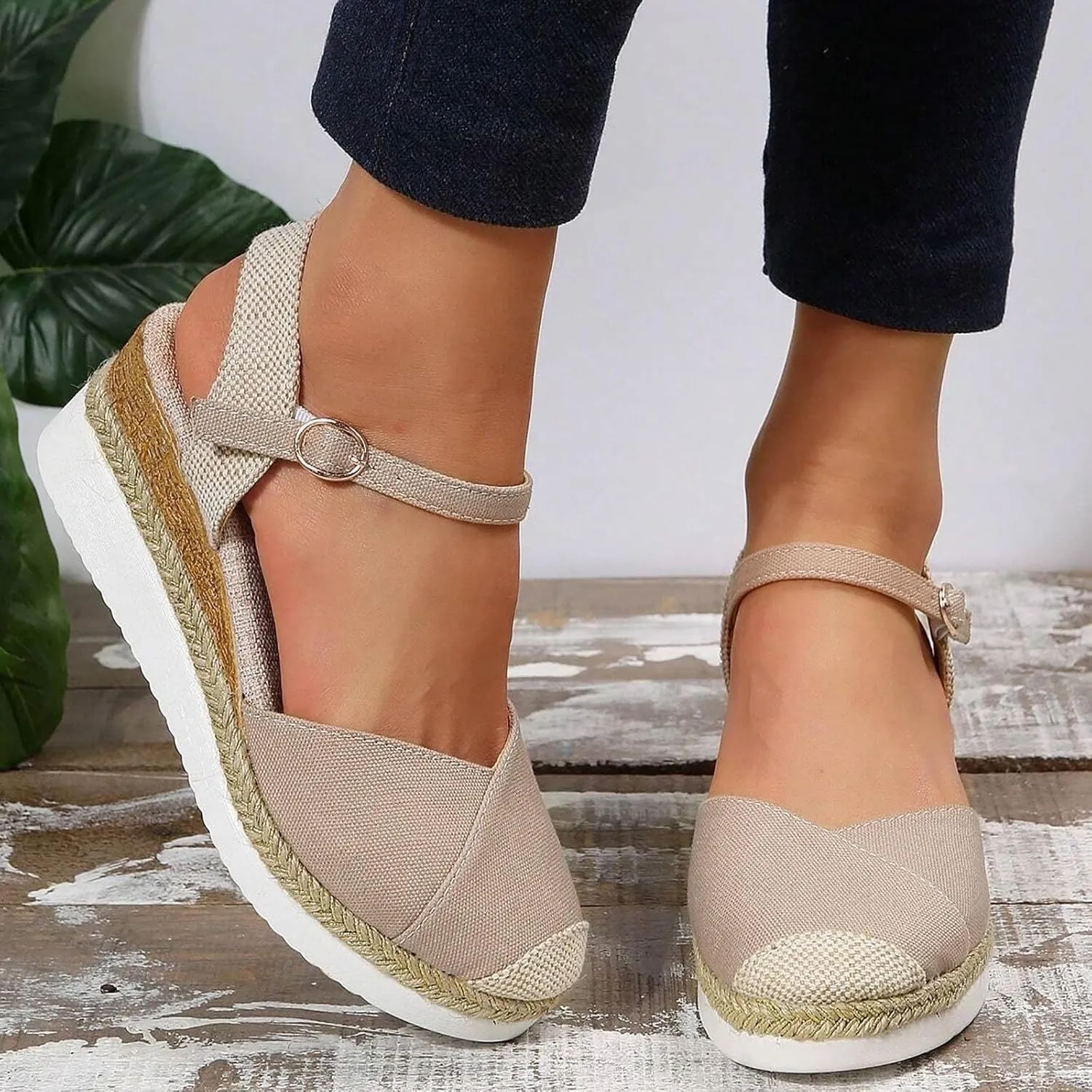 Closed Toe Sandals Women 2025 Platform Wedge Heel Casual Sandal Women's Espadrilles Dressy Sandals Comfortable Anti Slip Summer Shoes with Buckle Ankle Strap