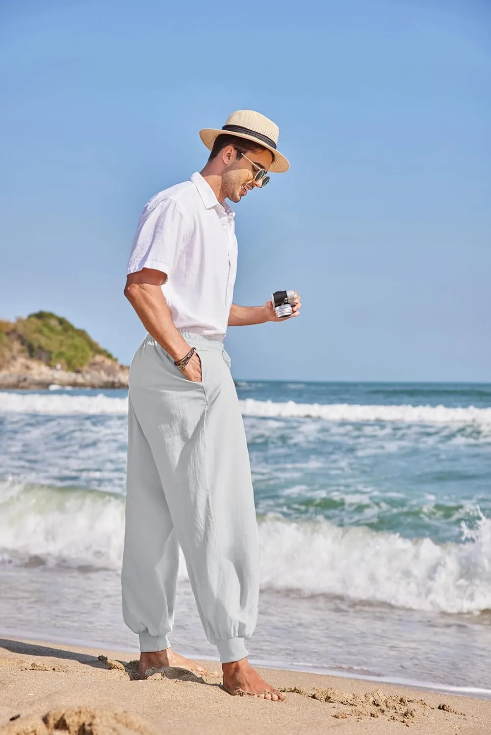 COOFANDY Men Hippie Harem Pants Baggy Linen Cotton Boho Yoga Pants Summer Beach Pants Casual Drop Crotch Trouser
