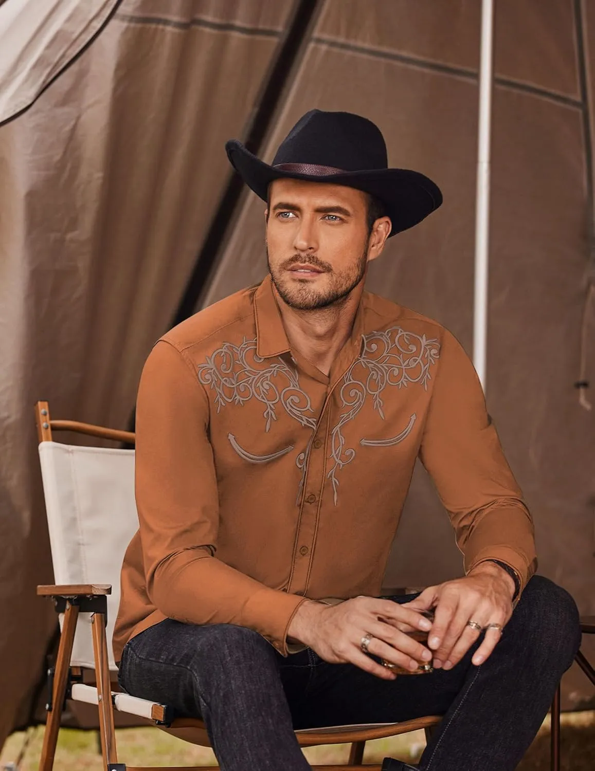 COOFANDY Men's Western Cowboy Shirts Long Sleeve Embroidered Shirt Slim Fit Casual Button Down Shirts