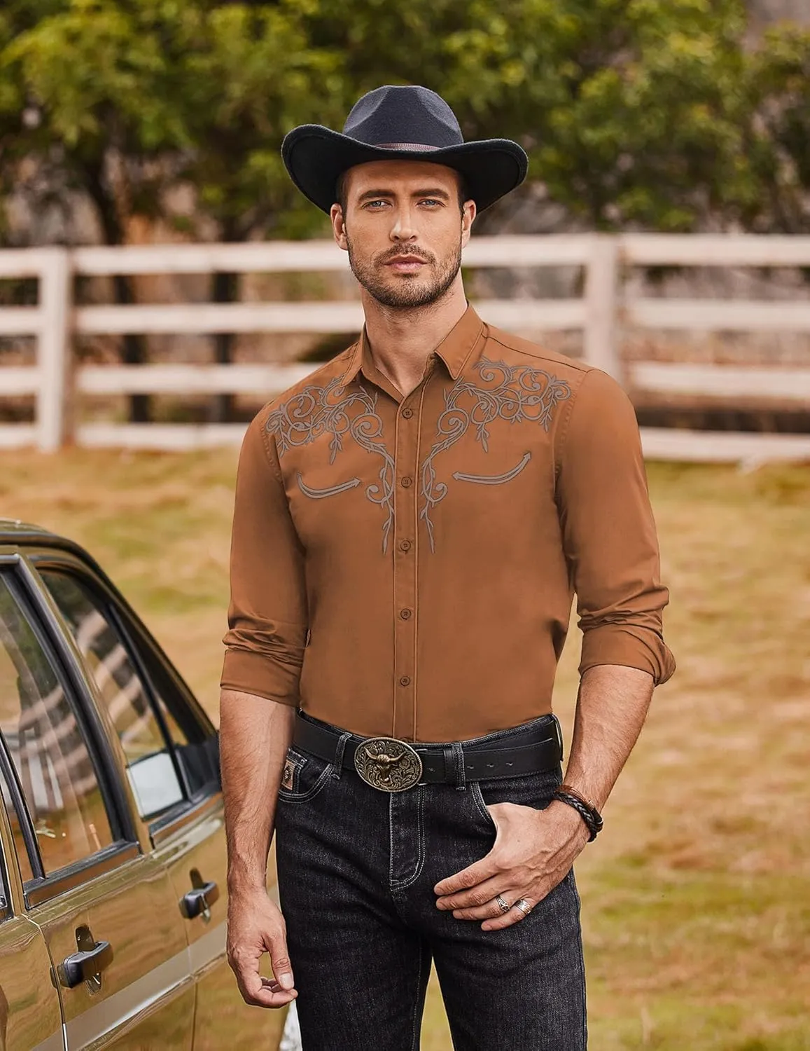 COOFANDY Men's Western Cowboy Shirts Long Sleeve Embroidered Shirt Slim Fit Casual Button Down Shirts