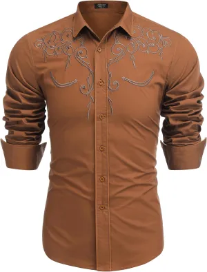 COOFANDY Men's Western Cowboy Shirts Long Sleeve Embroidered Shirt Slim Fit Casual Button Down Shirts