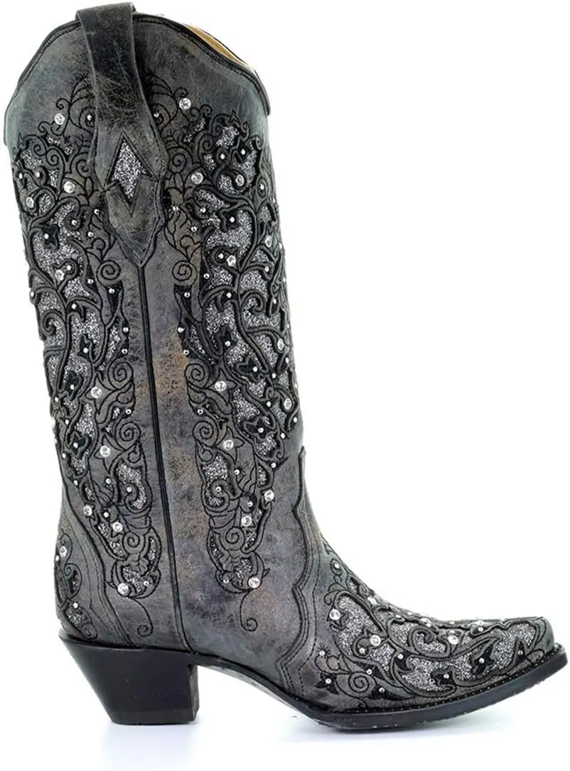 Corral Boots Women's Snip Toe Stitched Leather Cowgirl Western Boots with Swarovski Crystal Accents