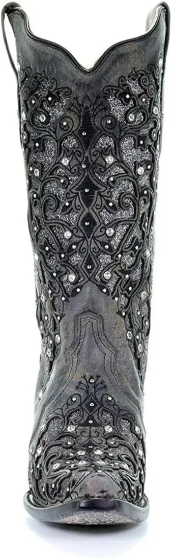 Corral Boots Women's Snip Toe Stitched Leather Cowgirl Western Boots with Swarovski Crystal Accents