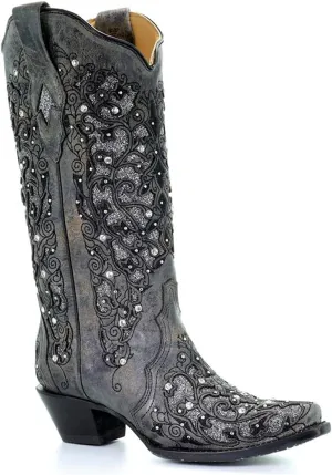 Corral Boots Women's Snip Toe Stitched Leather Cowgirl Western Boots with Swarovski Crystal Accents