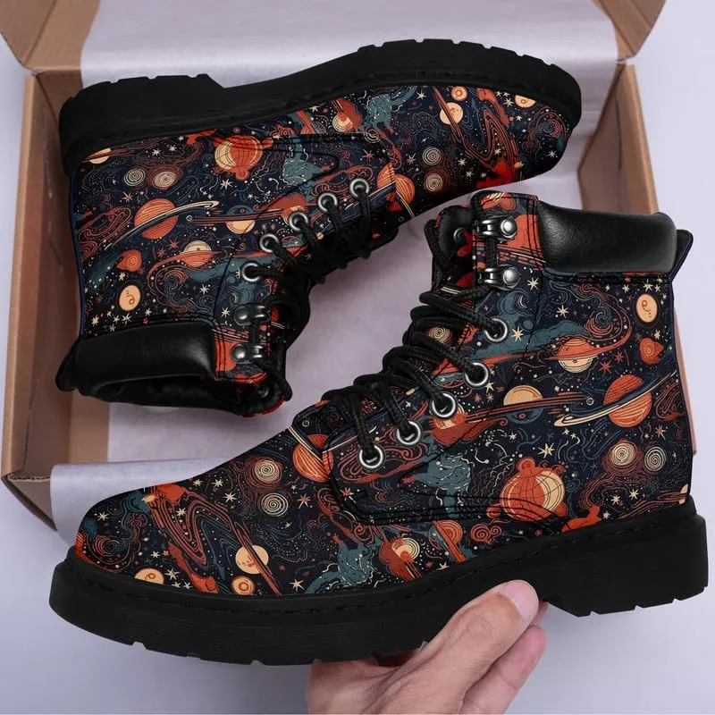 Cosmic Combat Ankle Boots, Sun Moon Celestial Bodies Mystical Symbols Inspired Lace-up Motorcycle Booties