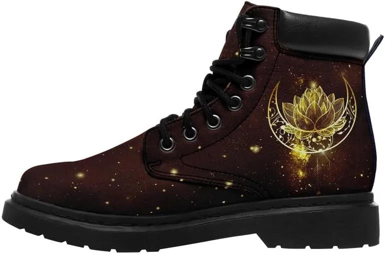 Cosmic Combat Ankle Boots, Sun Moon Celestial Bodies Mystical Symbols Inspired Lace-up Motorcycle Booties