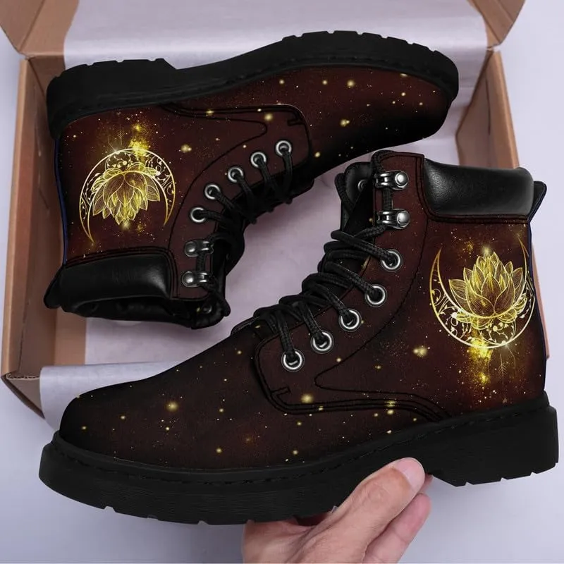 Cosmic Combat Ankle Boots, Sun Moon Celestial Bodies Mystical Symbols Inspired Lace-up Motorcycle Booties