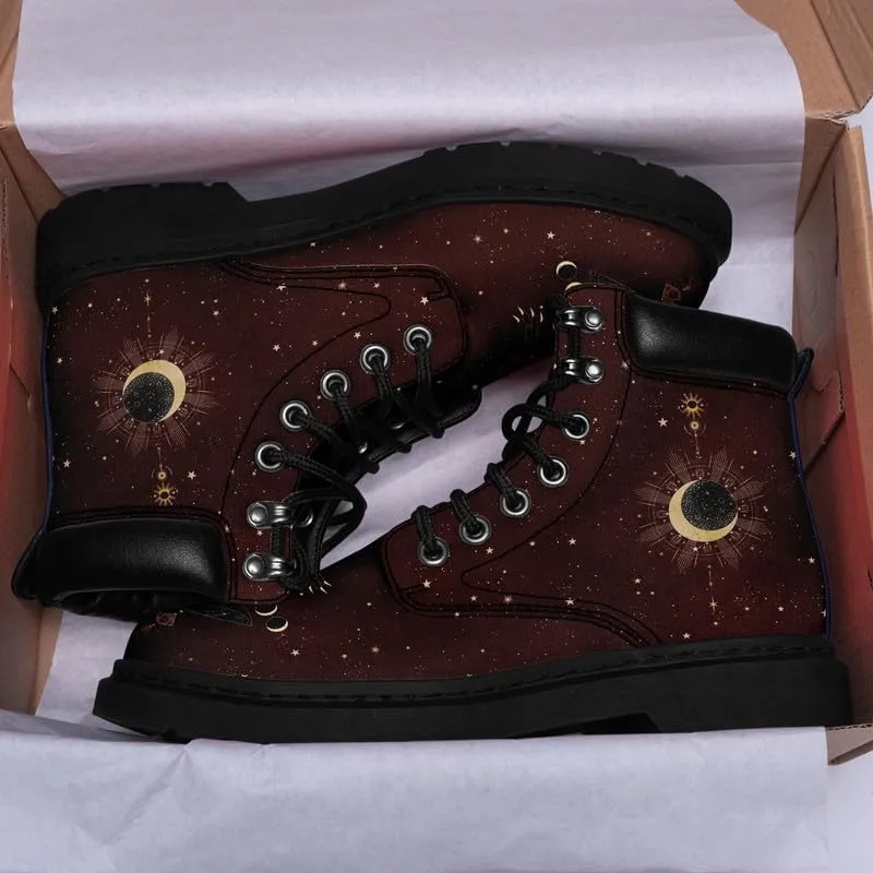 Cosmic Combat Ankle Boots, Sun Moon Celestial Bodies Mystical Symbols Inspired Lace-up Motorcycle Booties