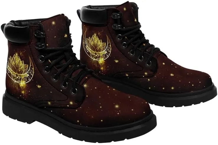 Cosmic Combat Ankle Boots, Sun Moon Celestial Bodies Mystical Symbols Inspired Lace-up Motorcycle Booties
