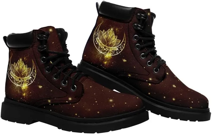 Cosmic Combat Ankle Boots, Sun Moon Celestial Bodies Mystical Symbols Inspired Lace-up Motorcycle Booties