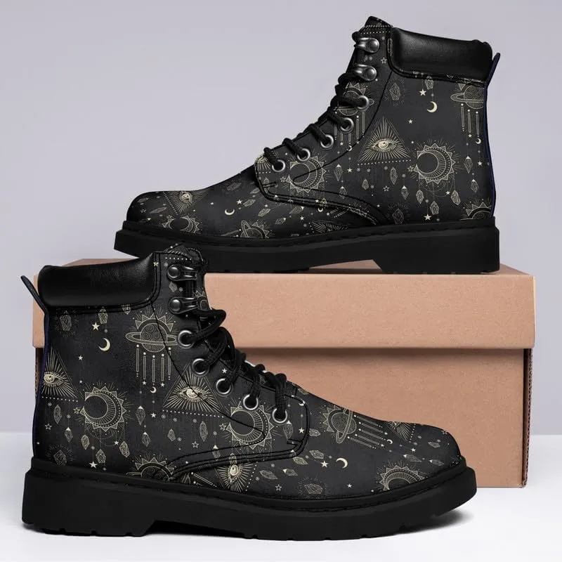 Cosmic Combat Ankle Boots, Sun Moon Celestial Bodies Mystical Symbols Inspired Lace-up Motorcycle Booties