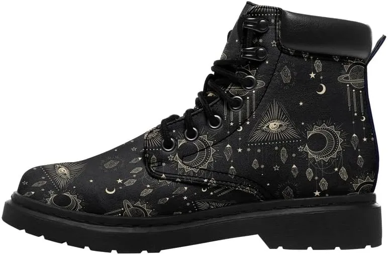 Cosmic Combat Ankle Boots, Sun Moon Celestial Bodies Mystical Symbols Inspired Lace-up Motorcycle Booties