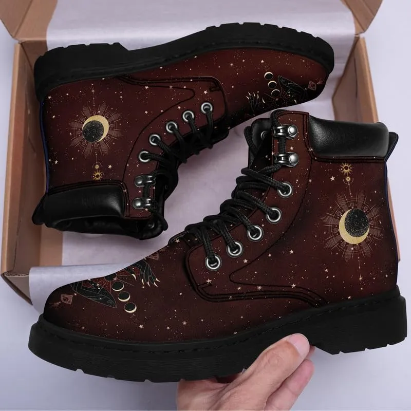 Cosmic Combat Ankle Boots, Sun Moon Celestial Bodies Mystical Symbols Inspired Lace-up Motorcycle Booties