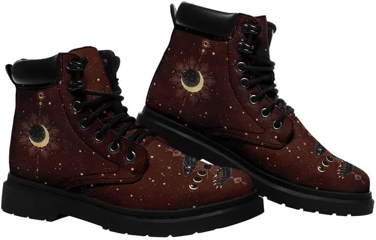Cosmic Combat Ankle Boots, Sun Moon Celestial Bodies Mystical Symbols Inspired Lace-up Motorcycle Booties