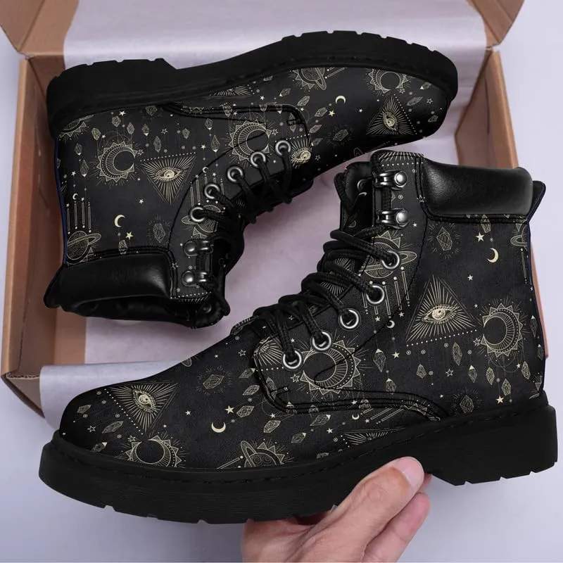 Cosmic Combat Ankle Boots, Sun Moon Celestial Bodies Mystical Symbols Inspired Lace-up Motorcycle Booties
