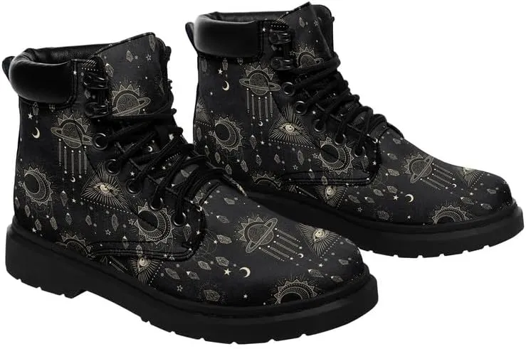 Cosmic Combat Ankle Boots, Sun Moon Celestial Bodies Mystical Symbols Inspired Lace-up Motorcycle Booties