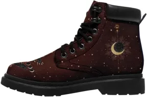 Cosmic Combat Ankle Boots, Sun Moon Celestial Bodies Mystical Symbols Inspired Lace-up Motorcycle Booties