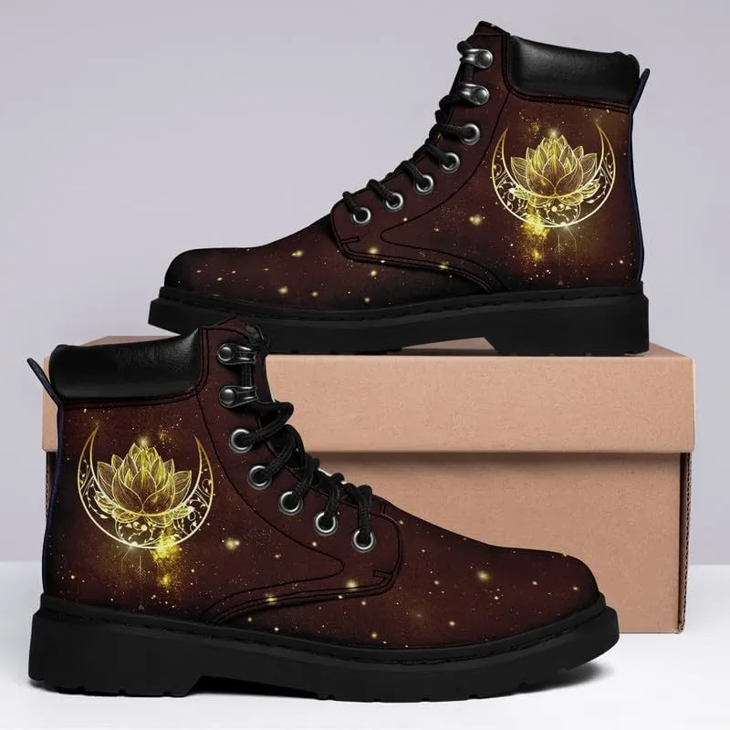 Cosmic Combat Ankle Boots, Sun Moon Celestial Bodies Mystical Symbols Inspired Lace-up Motorcycle Booties