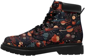 Cosmic Combat Ankle Boots, Sun Moon Celestial Bodies Mystical Symbols Inspired Lace-up Motorcycle Booties
