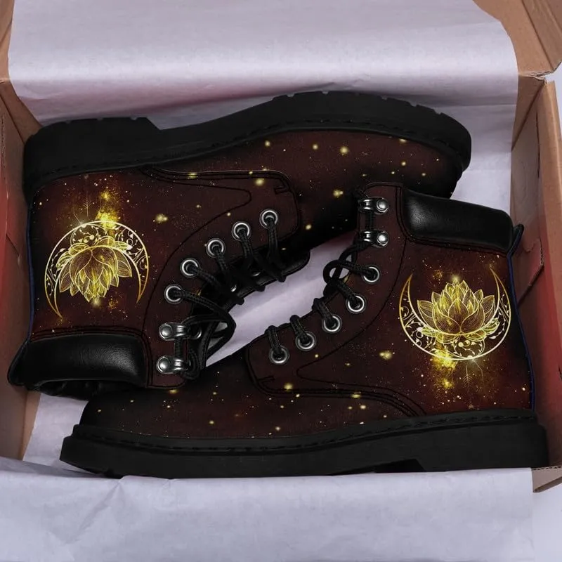 Cosmic Combat Ankle Boots, Sun Moon Celestial Bodies Mystical Symbols Inspired Lace-up Motorcycle Booties