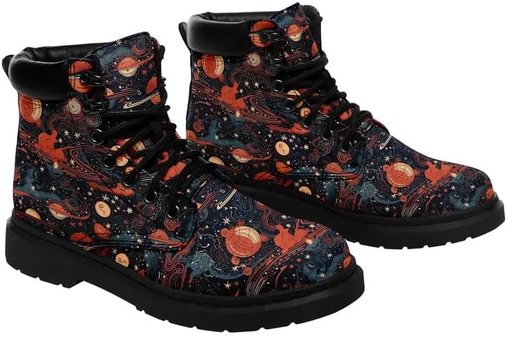 Cosmic Combat Ankle Boots, Sun Moon Celestial Bodies Mystical Symbols Inspired Lace-up Motorcycle Booties