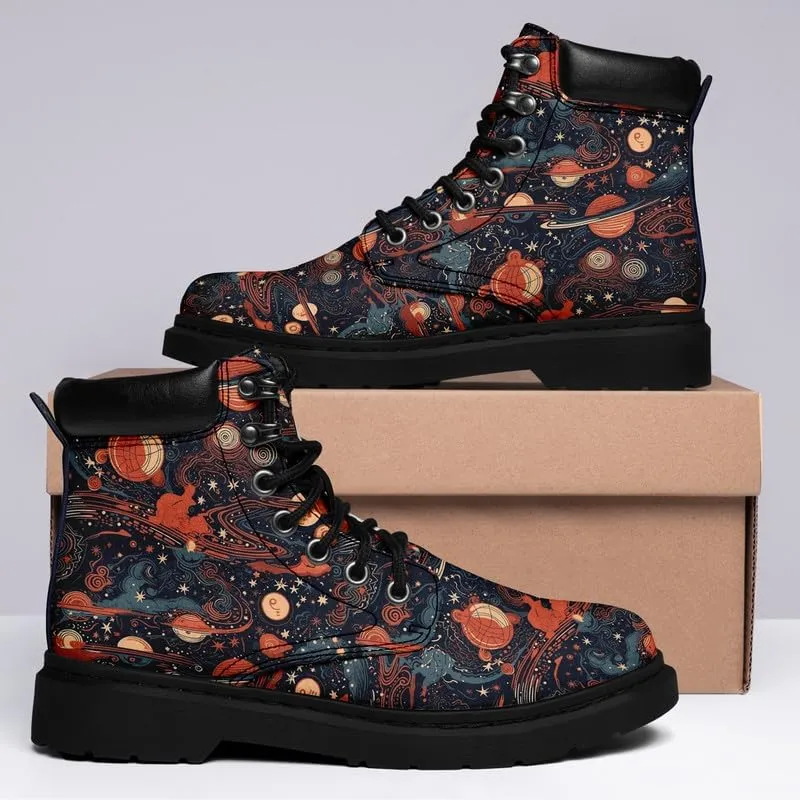 Cosmic Combat Ankle Boots, Sun Moon Celestial Bodies Mystical Symbols Inspired Lace-up Motorcycle Booties