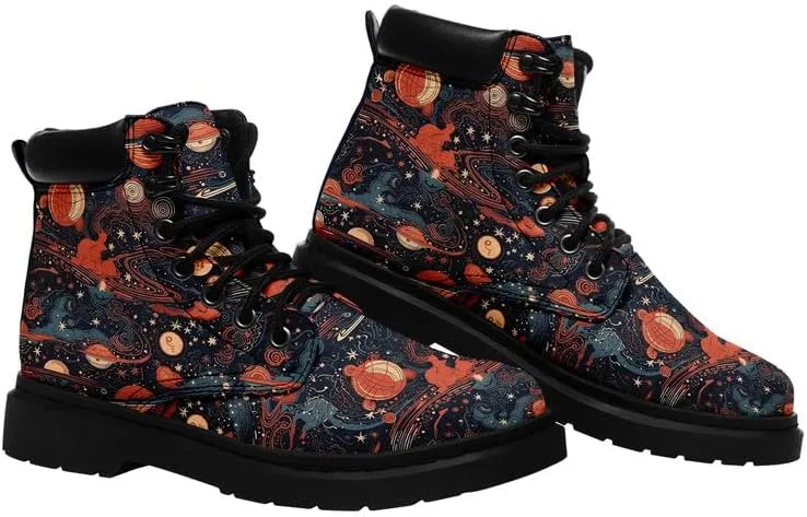 Cosmic Combat Ankle Boots, Sun Moon Celestial Bodies Mystical Symbols Inspired Lace-up Motorcycle Booties
