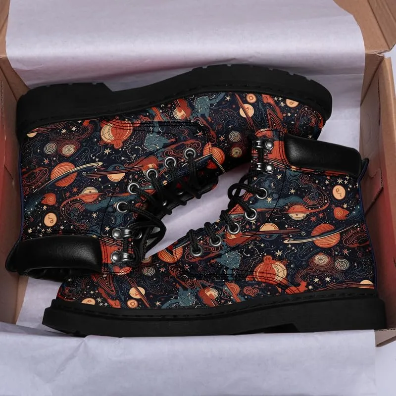 Cosmic Combat Ankle Boots, Sun Moon Celestial Bodies Mystical Symbols Inspired Lace-up Motorcycle Booties
