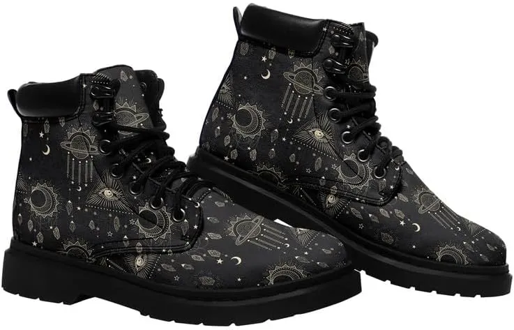Cosmic Combat Ankle Boots, Sun Moon Celestial Bodies Mystical Symbols Inspired Lace-up Motorcycle Booties