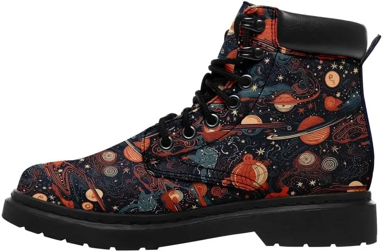 Cosmic Combat Ankle Boots, Sun Moon Celestial Bodies Mystical Symbols Inspired Lace-up Motorcycle Booties