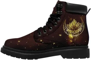 Cosmic Combat Ankle Boots, Sun Moon Celestial Bodies Mystical Symbols Inspired Lace-up Motorcycle Booties