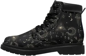 Cosmic Combat Ankle Boots, Sun Moon Celestial Bodies Mystical Symbols Inspired Lace-up Motorcycle Booties