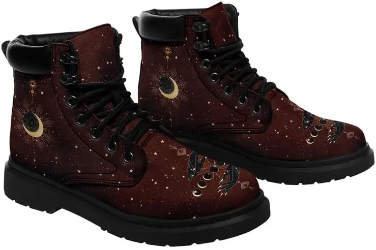 Cosmic Combat Ankle Boots, Sun Moon Celestial Bodies Mystical Symbols Inspired Lace-up Motorcycle Booties