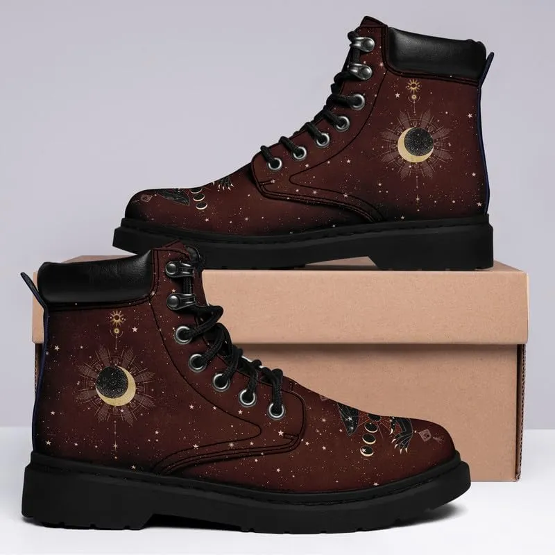 Cosmic Combat Ankle Boots, Sun Moon Celestial Bodies Mystical Symbols Inspired Lace-up Motorcycle Booties