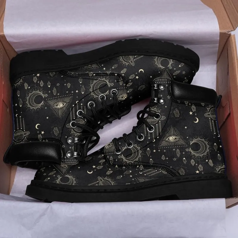 Cosmic Combat Ankle Boots, Sun Moon Celestial Bodies Mystical Symbols Inspired Lace-up Motorcycle Booties