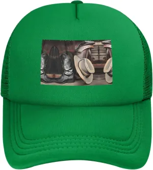 Cowboy Black Hat Western Boots Black Printed Adjustable Mesh Baseball Cap - Unisex, Outdoor Running and Fishing Sun Hat