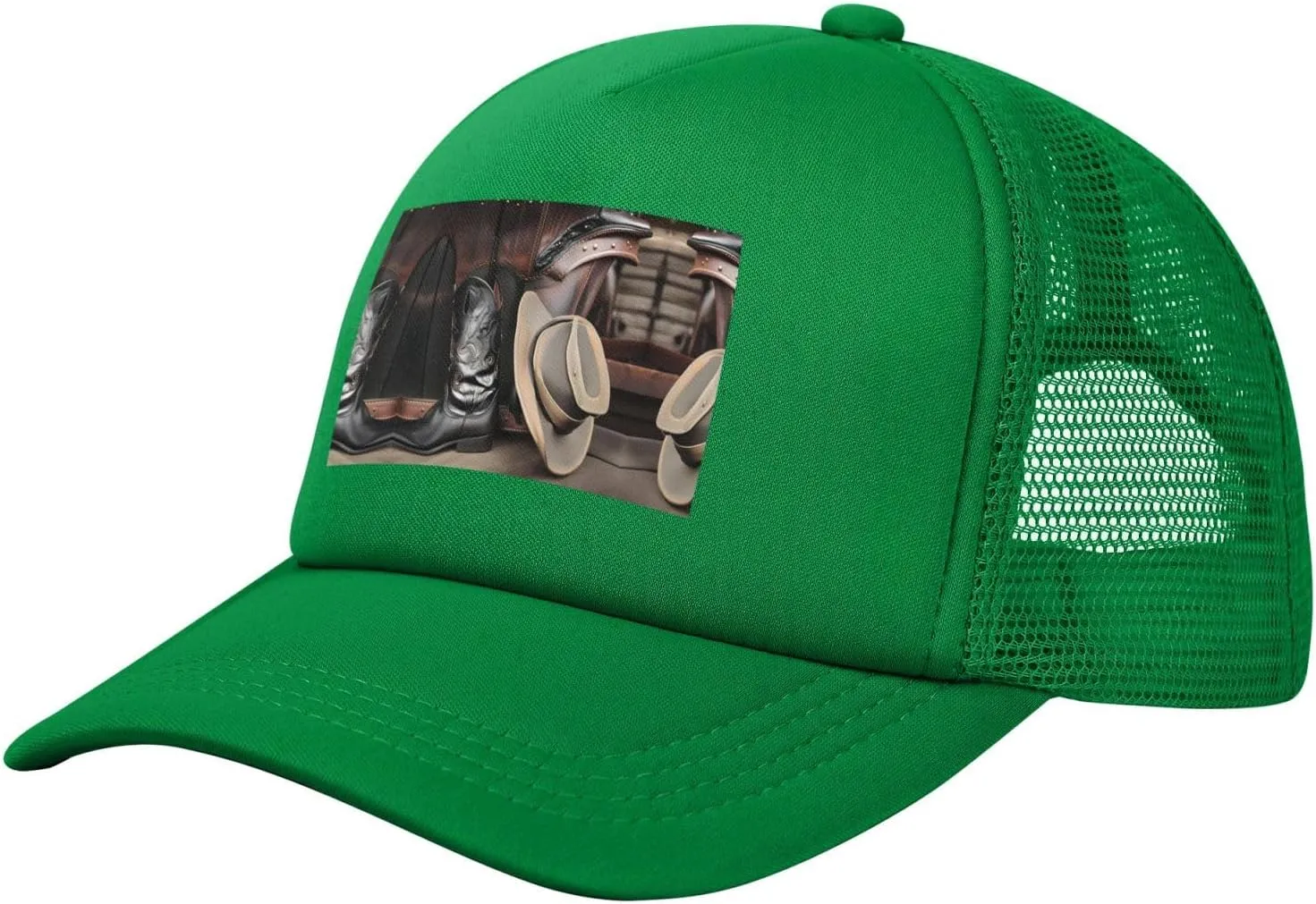 Cowboy Black Hat Western Boots Black Printed Adjustable Mesh Baseball Cap - Unisex, Outdoor Running and Fishing Sun Hat