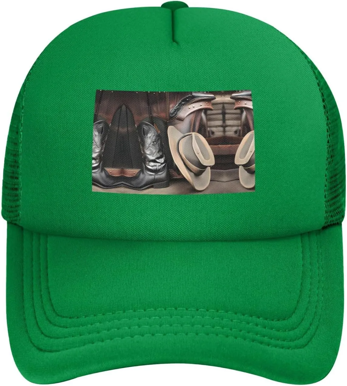 Cowboy Black Hat Western Boots Black Printed Adjustable Mesh Baseball Cap - Unisex, Outdoor Running and Fishing Sun Hat