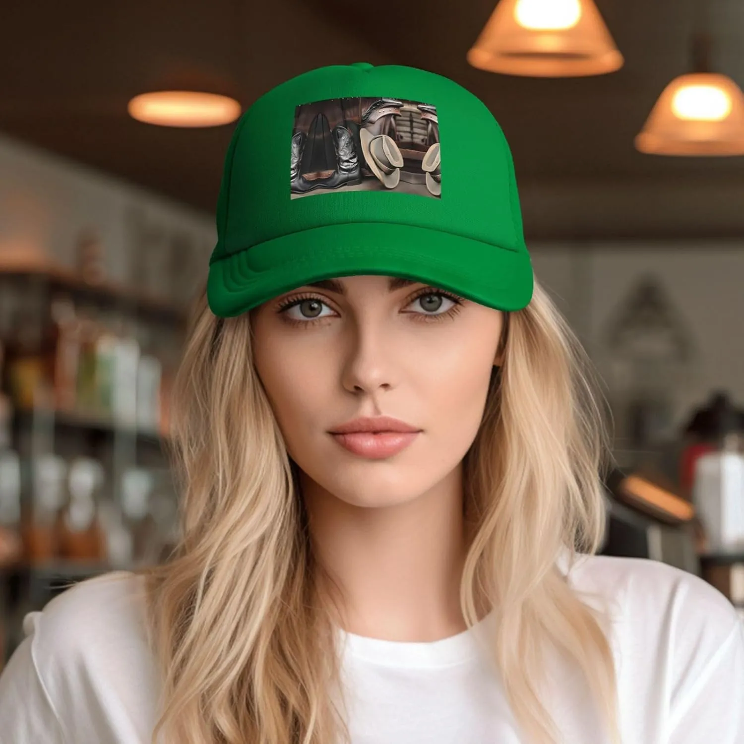 Cowboy Black Hat Western Boots Black Printed Adjustable Mesh Baseball Cap - Unisex, Outdoor Running and Fishing Sun Hat