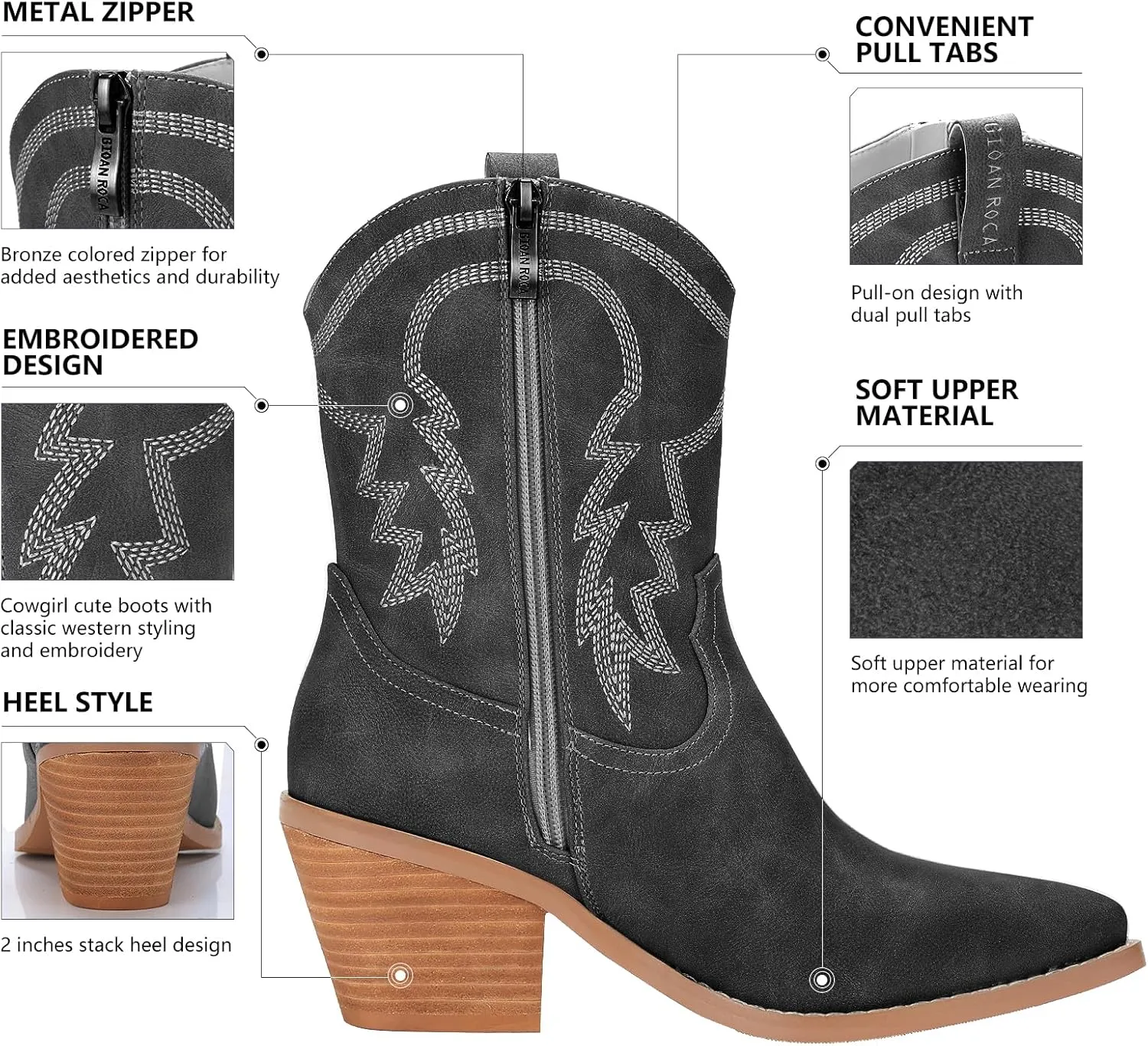 Cowboy Boot for Women,Western Embroidered Cowgirl Booties with Pointed Toe Side Chunky Heel Zipper Women Ankle Booties