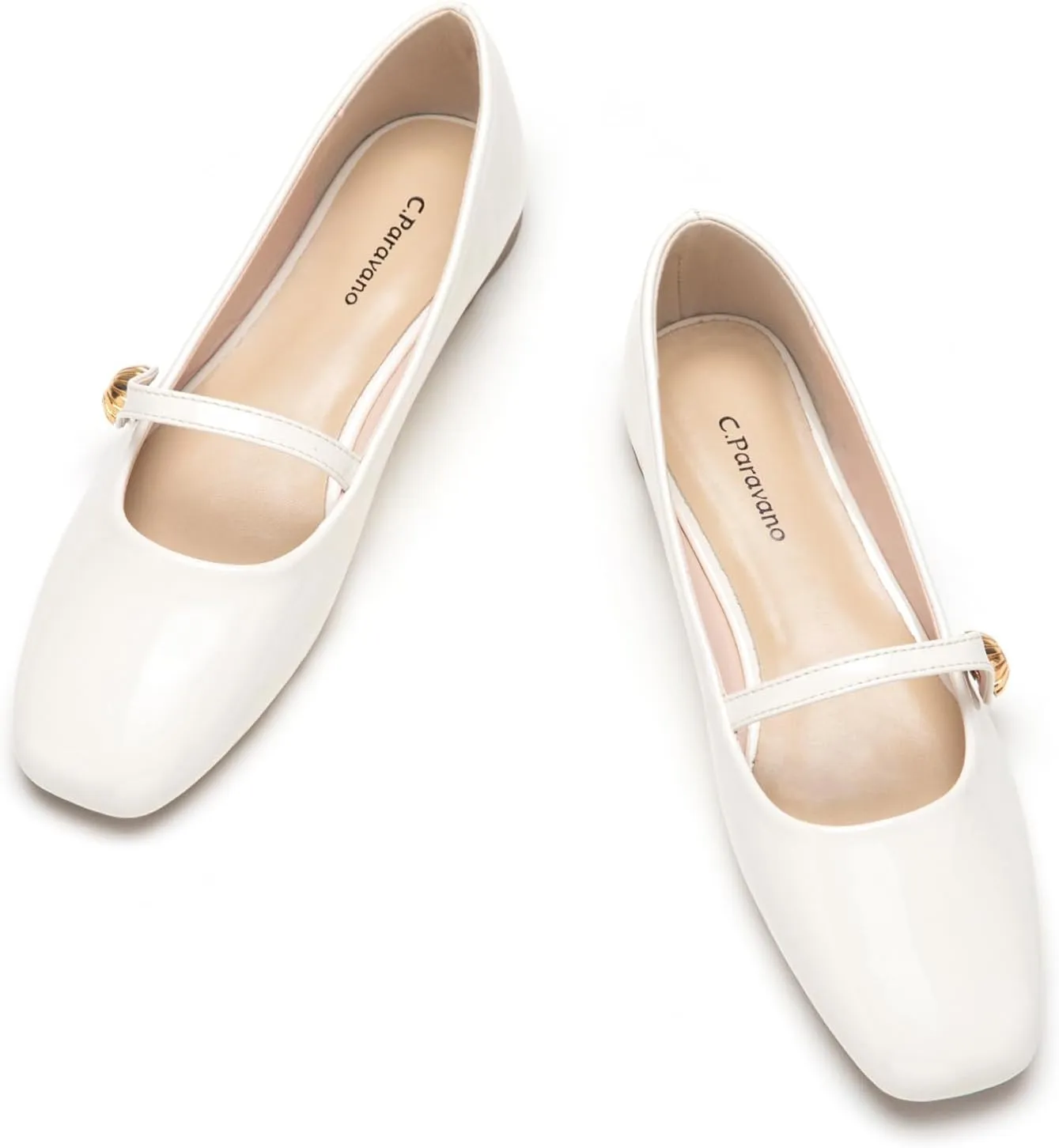 C.Paravano Women's Mary Jane Flats | Comfortable Square Toe Ballet Flats | Mary Jane Shoes with Strap | Casual Dress Flat White Shoes for Work Party or Wedding (Size 6,White)