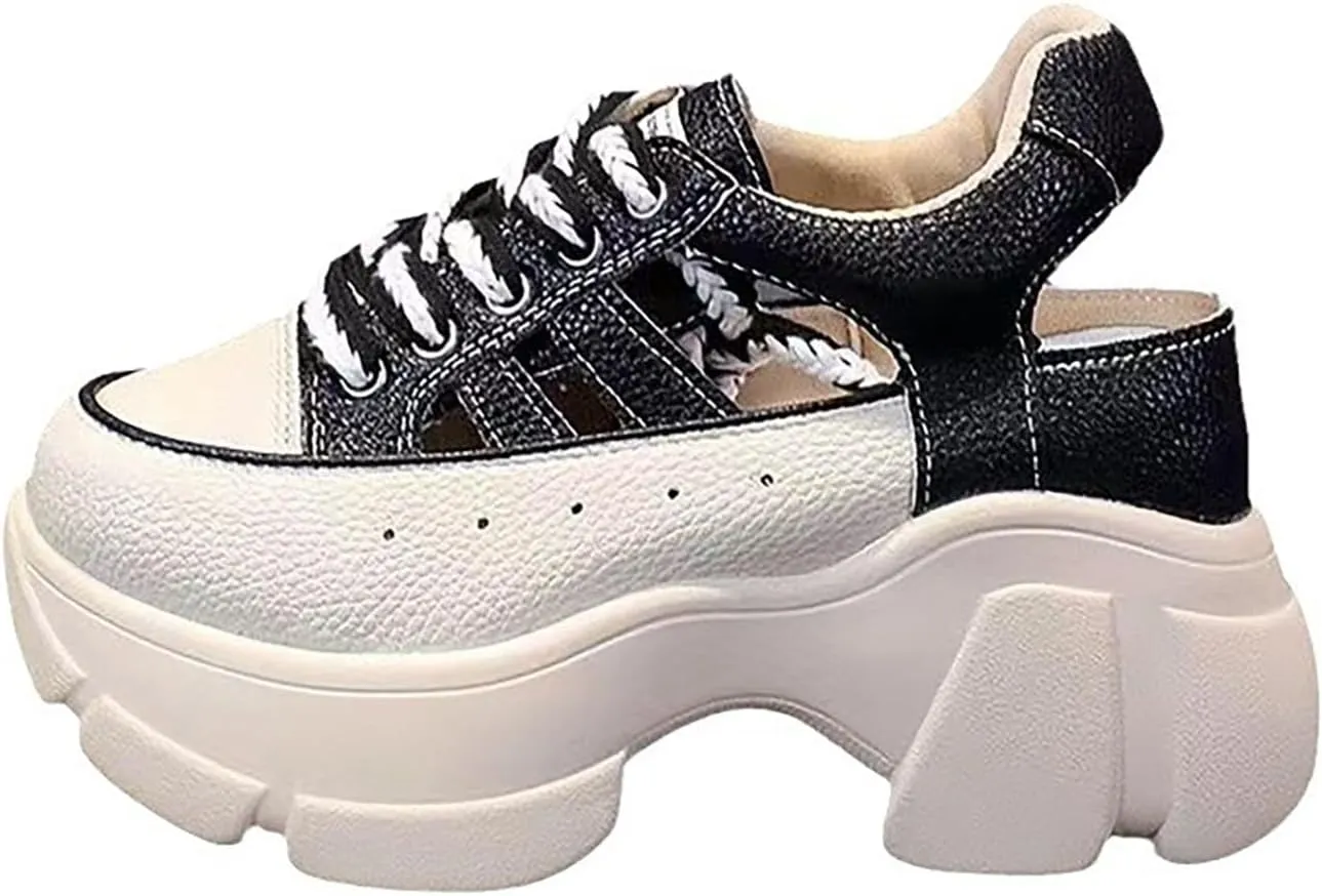 Cubicbee Women's Leather Platform Hollow Out Walking Shoes Non-Slip Breathable Lace-Up Rome Sandals Adjustable Buckle Casual Sneakers